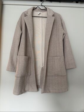 Light Taupe Open-Front Herringbone Trench Coat